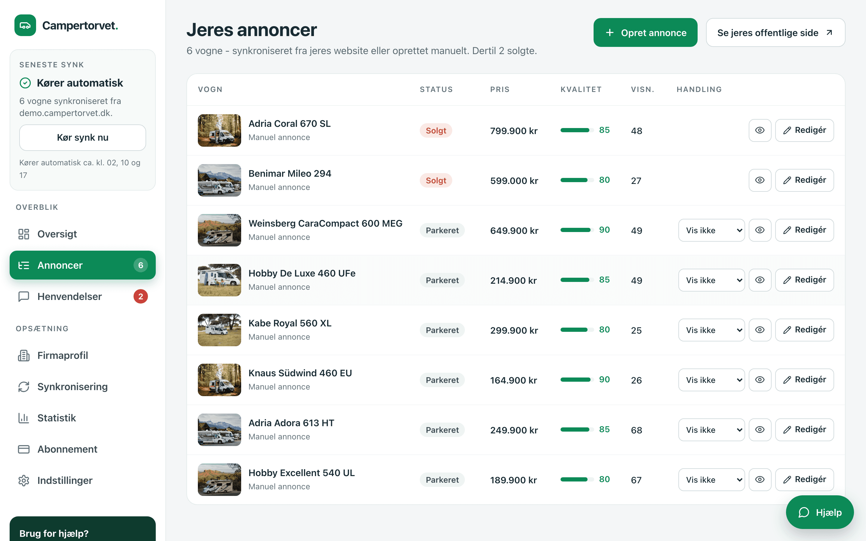 Annonce-oversigten i dashboardet: otte vogne med status, pris, kvalitet og visningstal